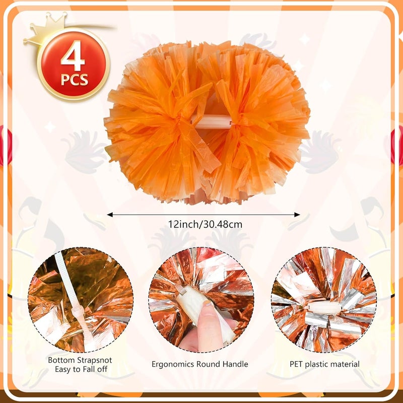 Zankubom 4 Pcs Metallic Cheerleading Pom Poms, 12Inch Cheerleader Pompoms with Baton Handle for School Team Sports Games Dance Cheer - Image 2